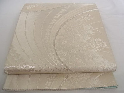 平和屋着物■六通柄袋帯 流水花文 銀糸 正絹 逸品 A-pf4753