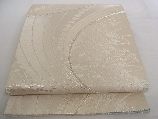 平和屋着物■六通柄袋帯 流水花文 銀糸 正絹 逸品 A-pf4753