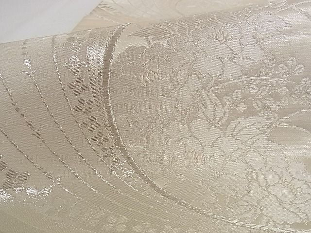 平和屋着物■六通柄袋帯 流水花文 銀糸 正絹 逸品 A-pf4753