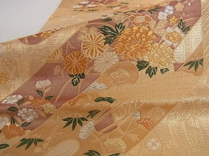 平和屋着物■六通柄袋帯 唐織 霞取草花文 金銀糸 正絹 逸品 A-pf4757