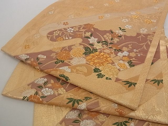 平和屋着物■六通柄袋帯 唐織 霞取草花文 金銀糸 正絹 逸品 A-pf4757