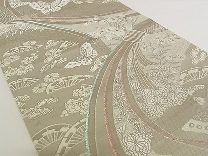 平和屋着物■六通柄袋帯 珀裳錦 花蝶文 プラチナ通し箔 正絹 逸品 A-pf4795
