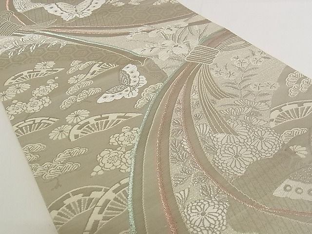 平和屋着物■六通柄袋帯 珀裳錦 花蝶文 プラチナ通し箔 正絹 逸品 A-pf4795