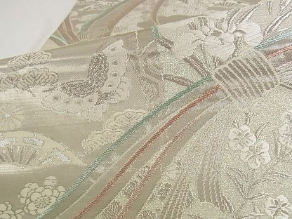 平和屋着物■六通柄袋帯 珀裳錦 花蝶文 プラチナ通し箔 正絹 逸品 A-pf4795