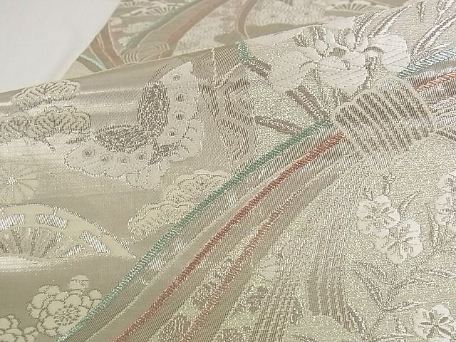 平和屋着物■六通柄袋帯 珀裳錦 花蝶文 プラチナ通し箔 正絹 逸品 A-pf4795