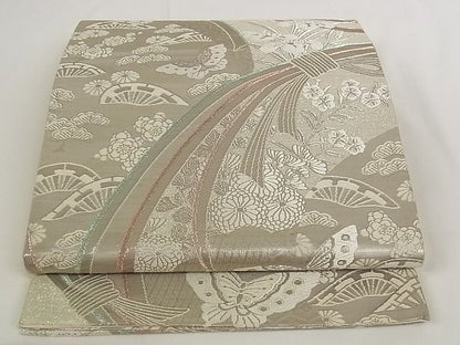 平和屋着物■六通柄袋帯 珀裳錦 花蝶文 プラチナ通し箔 正絹 逸品 A-pf4795