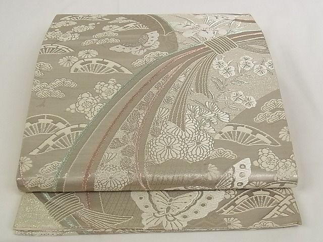 平和屋着物■六通柄袋帯 珀裳錦 花蝶文 プラチナ通し箔 正絹 逸品 A-pf4795