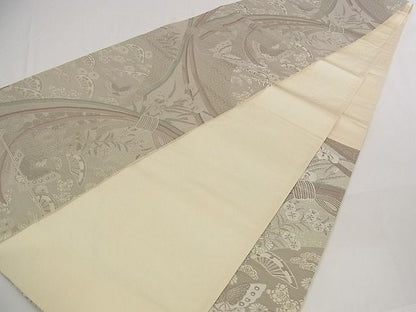 平和屋着物■六通柄袋帯 珀裳錦 花蝶文 プラチナ通し箔 正絹 逸品 A-pf4795
