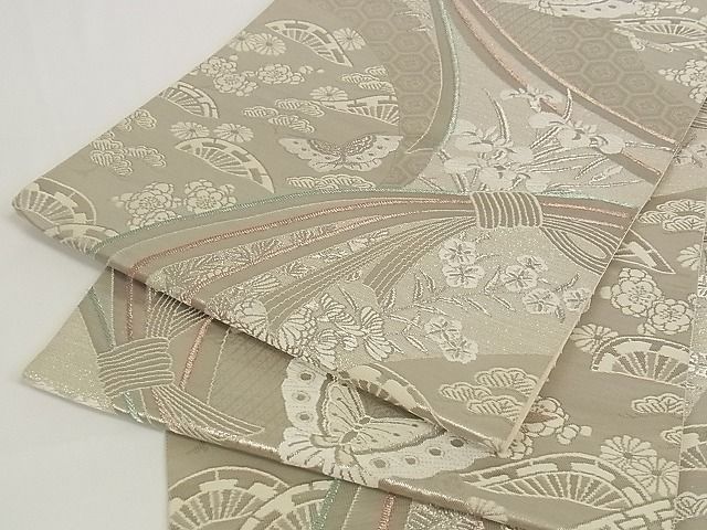 平和屋着物■六通柄袋帯 珀裳錦 花蝶文 プラチナ通し箔 正絹 逸品 A-pf4795