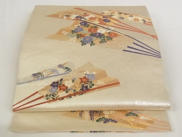 平和屋着物■六通柄袋帯 唐織 扇面花文 金銀糸 正絹 逸品 A-pf4800