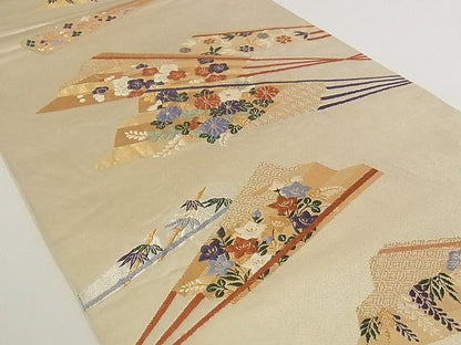 平和屋着物■六通柄袋帯 唐織 扇面花文 金銀糸 正絹 逸品 A-pf4800