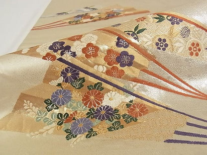 平和屋着物■六通柄袋帯 唐織 扇面花文 金銀糸 正絹 逸品 A-pf4800