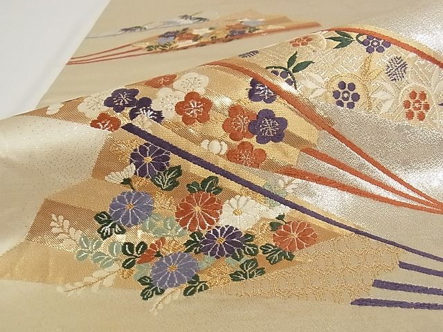 平和屋着物■六通柄袋帯 唐織 扇面花文 金銀糸 正絹 逸品 A-pf4800