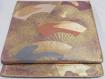 平和屋着物■六通柄袋帯 扇面文 金糸 正絹 逸品 A-sx6587