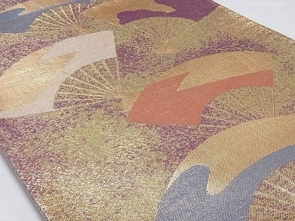 平和屋着物■六通柄袋帯 扇面文 金糸 正絹 逸品 A-sx6587