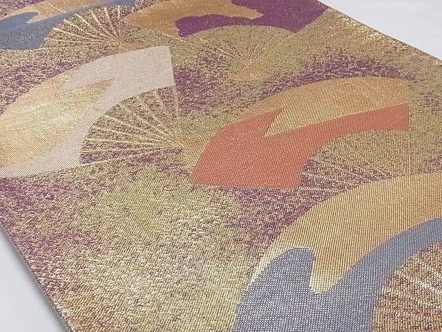 平和屋着物■六通柄袋帯 扇面文 金糸 正絹 逸品 A-sx6587