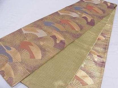 平和屋着物■六通柄袋帯 扇面文 金糸 正絹 逸品 A-sx6587