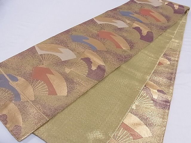 平和屋着物■六通柄袋帯 扇面文 金糸 正絹 逸品 A-sx6587
