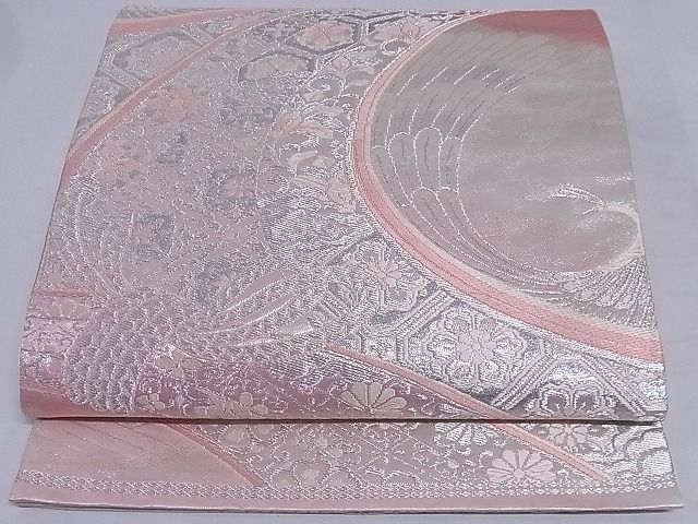 平和屋着物■六通柄袋帯 束ね熨斗孔雀花文 銀糸 正絹 逸品 A-sx6588
