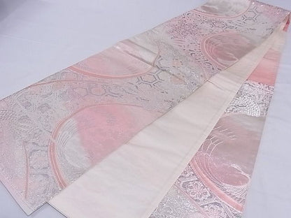平和屋着物■六通柄袋帯 束ね熨斗孔雀花文 銀糸 正絹 逸品 A-sx6588