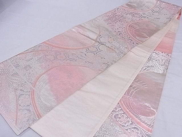 平和屋着物■六通柄袋帯 束ね熨斗孔雀花文 銀糸 正絹 逸品 A-sx6588