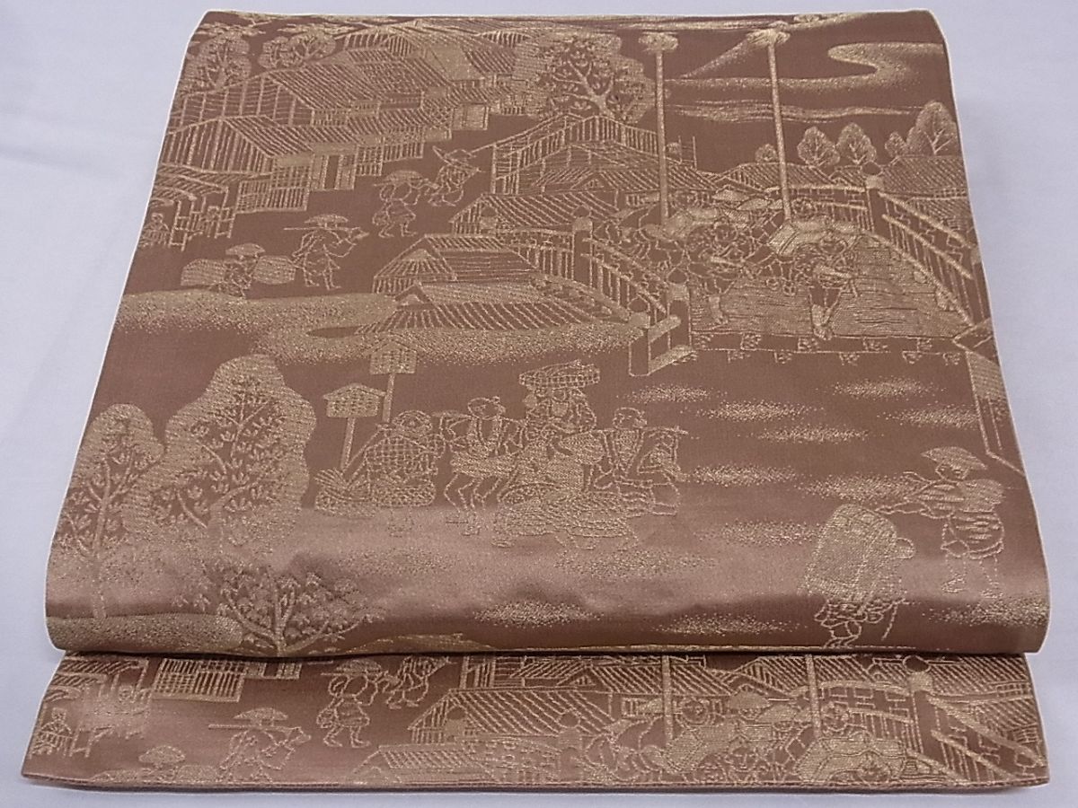 平和屋着物■六通柄袋帯 人物風景文 金糸 正絹 逸品 A-sx6713