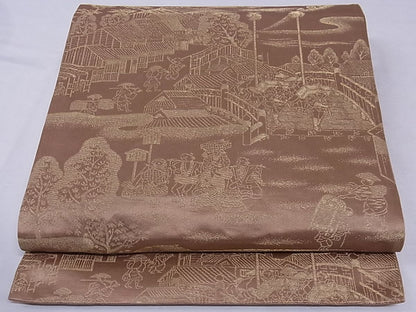 平和屋着物■六通柄袋帯 人物風景文 金糸 正絹 逸品 A-sx6713