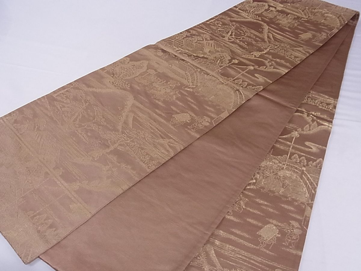 平和屋着物■六通柄袋帯 人物風景文 金糸 正絹 逸品 A-sx6713