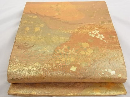 平和屋着物■六通柄袋帯 霞花鳥文 金糸 正絹 逸品 A-tn2344