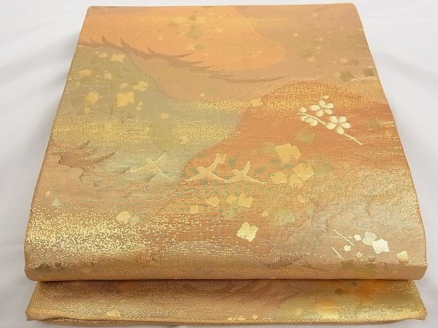 平和屋着物■六通柄袋帯 霞花鳥文 金糸 正絹 逸品 A-tn2344