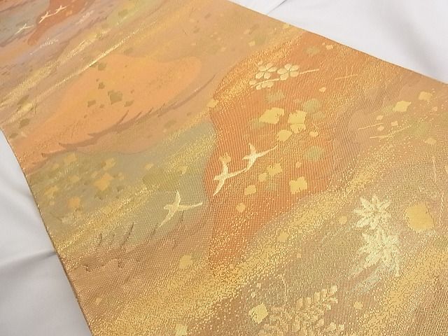 平和屋着物■六通柄袋帯 霞花鳥文 金糸 正絹 逸品 A-tn2344