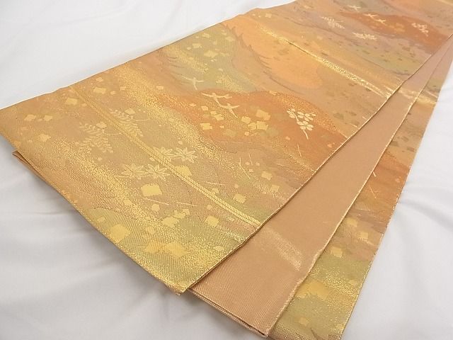 平和屋着物■六通柄袋帯 霞花鳥文 金糸 正絹 逸品 A-tn2344