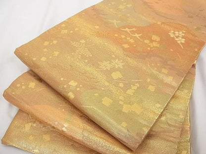 平和屋着物■六通柄袋帯 霞花鳥文 金糸 正絹 逸品 A-tn2344