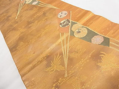 平和屋着物■六通柄袋帯 唐織 扇面花鳥文 金糸 正絹 逸品 A-tn2358