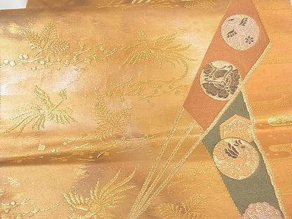 平和屋着物■六通柄袋帯 唐織 扇面花鳥文 金糸 正絹 逸品 A-tn2358