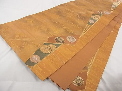 平和屋着物■六通柄袋帯 唐織 扇面花鳥文 金糸 正絹 逸品 A-tn2358