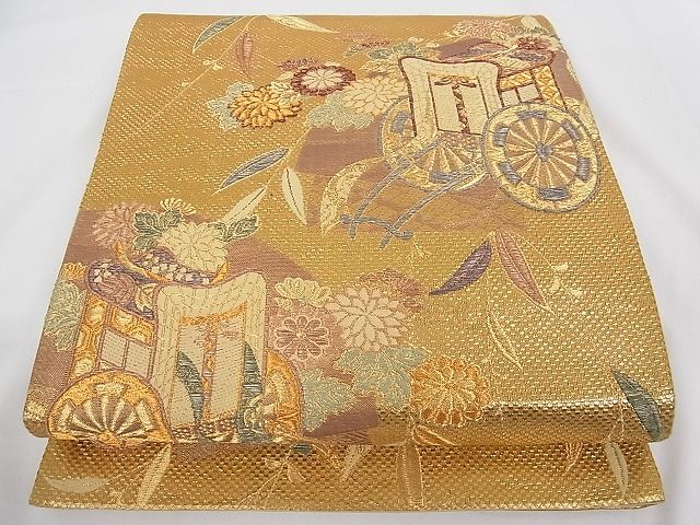 平和屋着物■六通柄袋帯 地紙重ね御所車花文 金糸 正絹 逸品 A-tn2374
