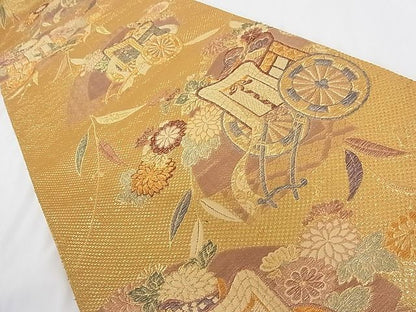 平和屋着物■六通柄袋帯 地紙重ね御所車花文 金糸 正絹 逸品 A-tn2374