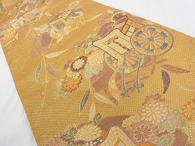 平和屋着物■六通柄袋帯 地紙重ね御所車花文 金糸 正絹 逸品 A-tn2374