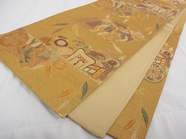 平和屋着物■六通柄袋帯 地紙重ね御所車花文 金糸 正絹 逸品 A-tn2374