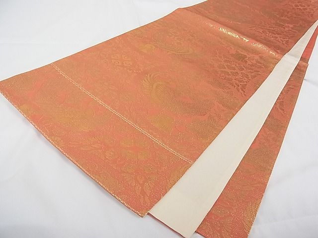 平和屋着物■六通柄袋帯 孔雀花文 金糸 正絹 逸品 A-tn2379