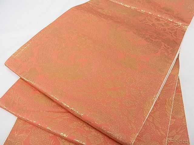 平和屋着物■六通柄袋帯 孔雀花文 金糸 正絹 逸品 A-tn2379