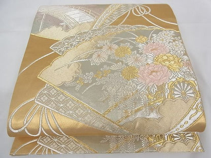 平和屋着物■六通柄袋帯 唐織 扇面花車文 金銀糸 正絹 逸品 A-tn2380