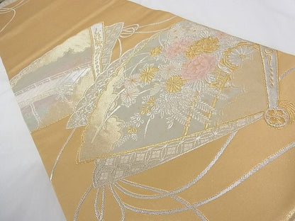平和屋着物■六通柄袋帯 唐織 扇面花車文 金銀糸 正絹 逸品 A-tn2380