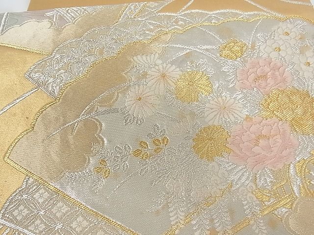 平和屋着物■六通柄袋帯 唐織 扇面花車文 金銀糸 正絹 逸品 A-tn2380
