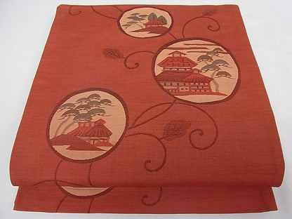 平和屋着物■六通柄袋帯 風景丸文 正絹 逸品 A-tn2502