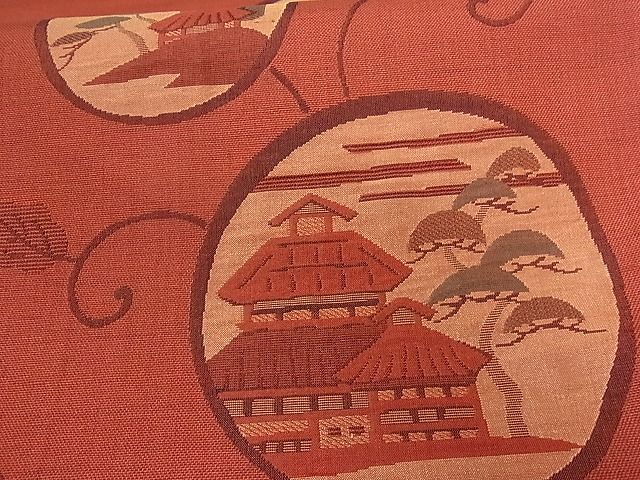平和屋着物■六通柄袋帯 風景丸文 正絹 逸品 A-tn2502