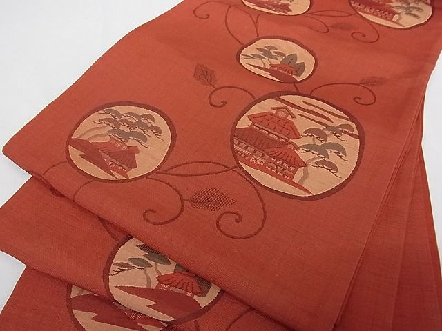 平和屋着物■六通柄袋帯 風景丸文 正絹 逸品 A-tn2502