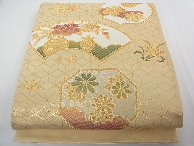 平和屋着物■六通柄袋帯 地紙草花文 金糸 A-tn2522