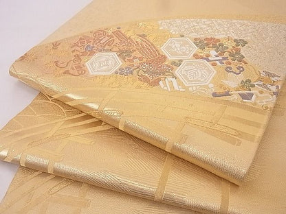 平和屋着物■六通柄袋帯 唐織 渡橋吉祥花文 金糸 正絹 逸品 B-cy4552